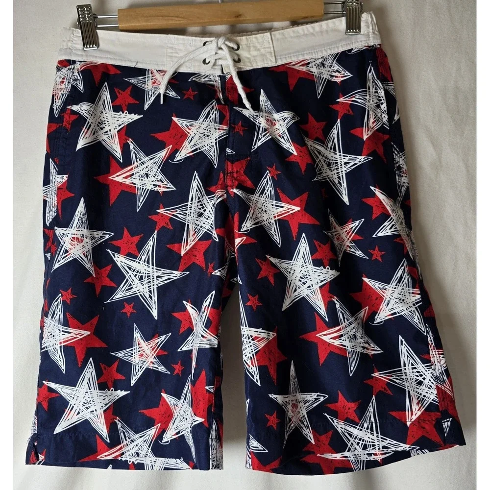 Surf & SwimCo. Swim Trunks Mens Size Large‎ Patriotic Red White Blue Mesh Lined